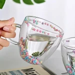 Creative paintballs High borosilicate glass coffee cup Insulation heart shaped double wall glass mugs with handle