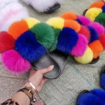 Custom logo kids fox fur slippers slippers raccoon fur ball fur slide