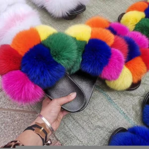 Custom logo kids fox fur slippers slippers raccoon fur ball fur slide