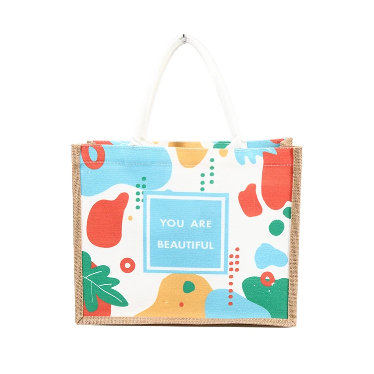 Custom Logo Prints Jute And Cotton Mix Bag Patchwork Handbag Tote Shopping Jute Cotton Bag