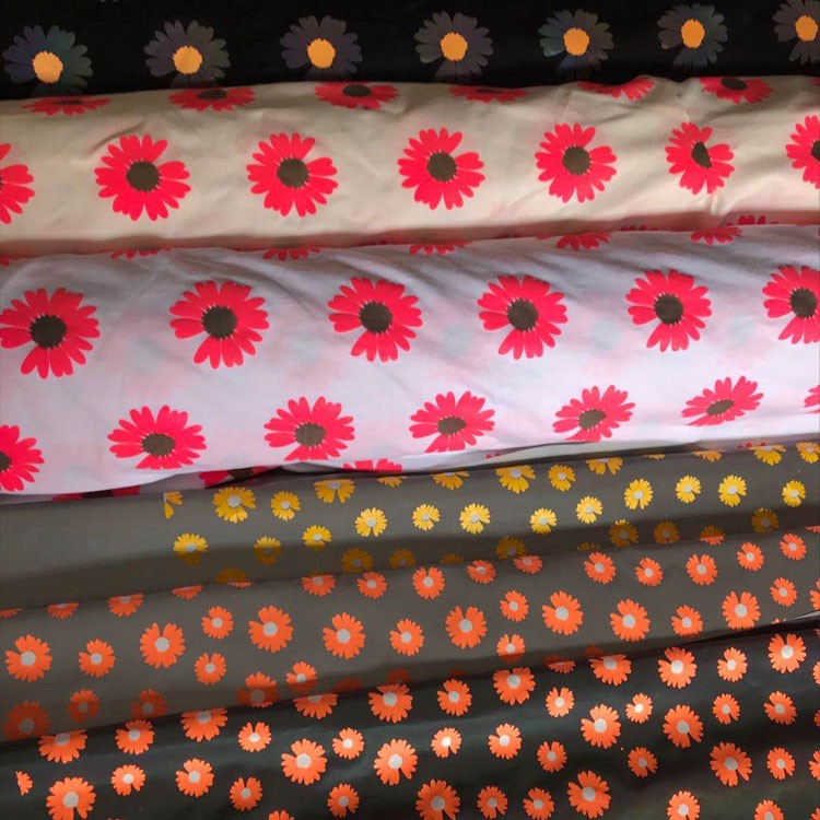 custom new high visible chrysanthemum flower rainbow print light reflective garment fabric material for fashion clothes design