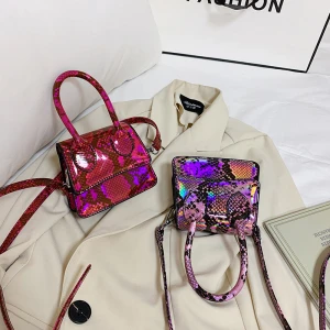 Cute Trendy Crossbody Bag Mini Colorful Holographic Patent Leather Snakeskin Purse With Handle