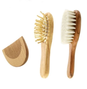 Eco-friendly natural wooden bamboo Goat Bristles Baby Hair Brush And Comb Set