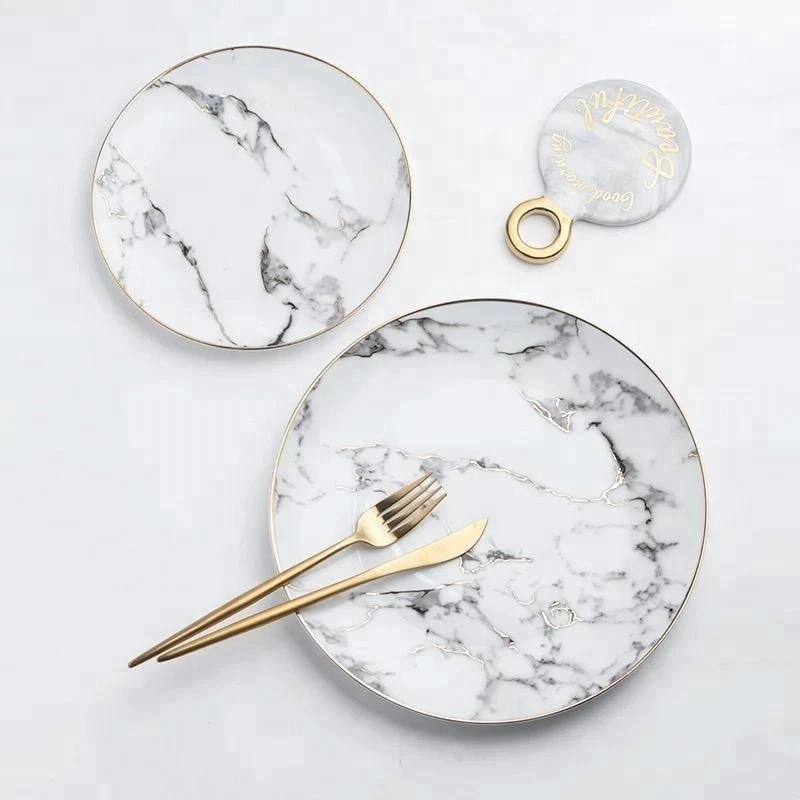 Elegant gold rim exotic wedding round  sliver rim marble cheap ceramic charger plate