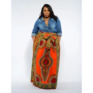 Factory Price Plus Size Female African Dashiki Maxi Skirt With Pockets And Waist Bow Sash