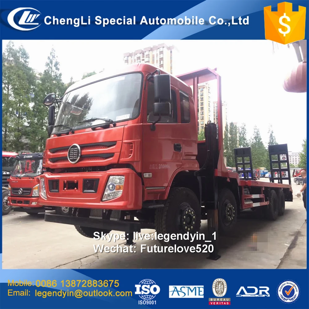 Front hydraulic lift flatbed truck 8x4 30 to 40 TONS flat bed excavator transport truck for sale