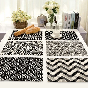 Geometric abstract black and white stripe pattern printed cotton and linen western placemat