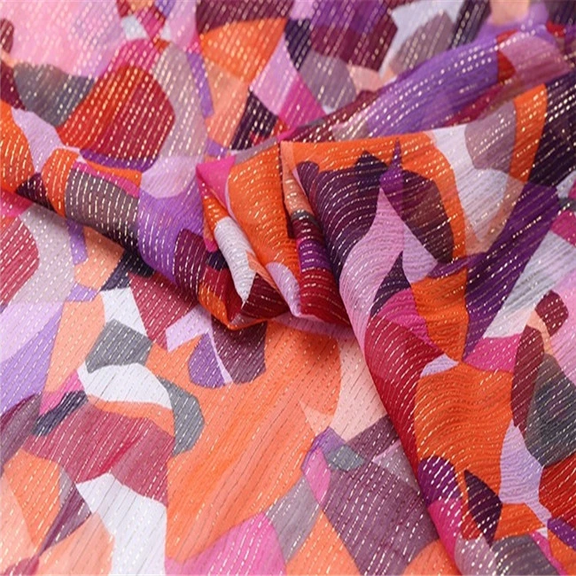 Geometry Printing Silk Crinkle Chiffon 8m/m 44 Silk Crepe Georgette Fabric with Gold Thread Lurex Metallic