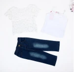 Girls Clothing Set T shirt + lace shirt + hole jeans 3pcs kids girl clothes suits denim children clothing
