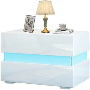 High Gloss Front 2 Drawers Nightstand cabinet with LED Lights for bedroom White