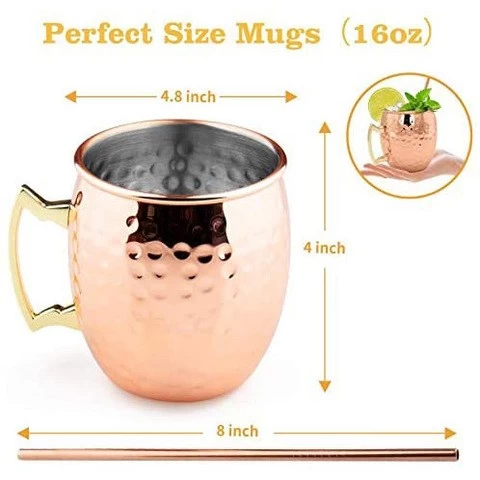 High Quality Cocktail Beer Copper Mug Wholesale Stainless Steel 16oz Hammered Rose Gold Moscow Mule Mug With Brass Handle