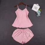 high quality vintage satin silk sleeveless woman sleepwear  pijamas 2pcs pajamas set with shorts