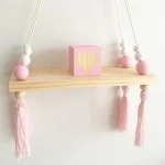 Home decor solid wood board with wooden beads swing wall hanging floating wall shelf