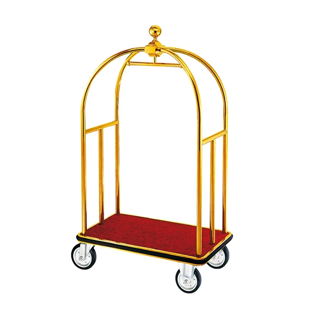 Hot sale titanium gold stainless steel bellman trolley hotel luggage cart for wholesale