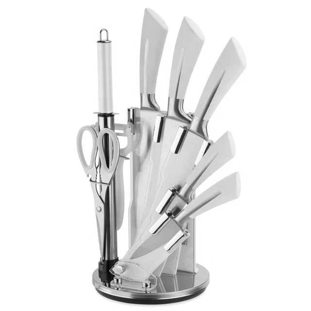 Kitchen knives  9pcs 3cr13 Hollow handle kitchen knife set with TPR handle and acylic block