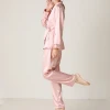 Ladies silk long-sleeved trousers lapel home clothing womens pure color ice silk pajamas two-piece set