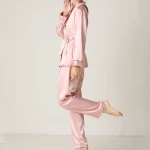 Ladies silk long-sleeved trousers lapel home clothing womens pure color ice silk pajamas two-piece set