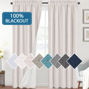 Linen Blackout Curtains Thermal Insulated Linen Curtain Draperies with White Liner Energy Saving Textured Window Treatment