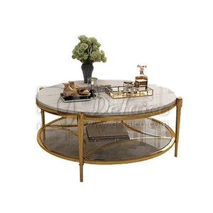 Luxury Modern Round  Stainless Steel Base Golden Color Tempering Marble Top Coffee Table for Living Room