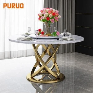 Luxury stainless steel table frame metal base round marble table tops dining table with rotating centre