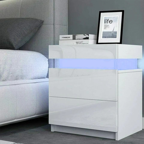 Modern Luxury White High Gloss Nightstand LED Lights Night Stand Sliding Top Bedroom Bedside Side Table with Drawers