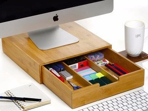 Monitor stand organizer, Bamboo wood desk computer stand with storage drawers