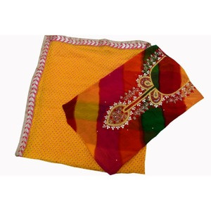 Multi Lahariya Handwork Kurti Fabric With Black Heavy Dupatta and Santoon Fabric