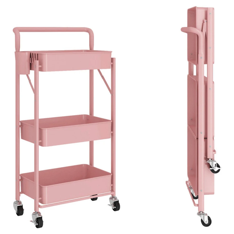 OEM colorful folding metal 3 tier kitchen storage trolley cart