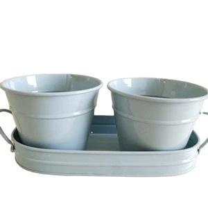 Planter Pots and Tray Caddy 2 Buckets with Handles Great Windowsill Planter for Succulents/Herbs/Galvanized metal