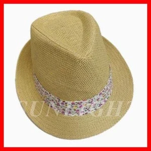 Promotion paper straw hat fedora hat style with ribbon