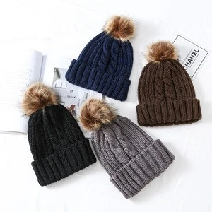real factory made fur pom ladies winter hat knit beanie hat with pom pom hot sale