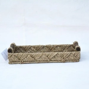 rectangular seagrass woven decorative table storage tray with wood handle