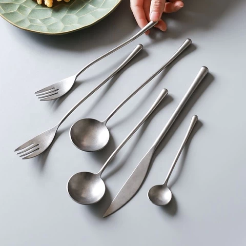 Retro Distressed 304 Stainless Steel Western Cutlery Set Silver Fork Spoon Restaurant Tableware