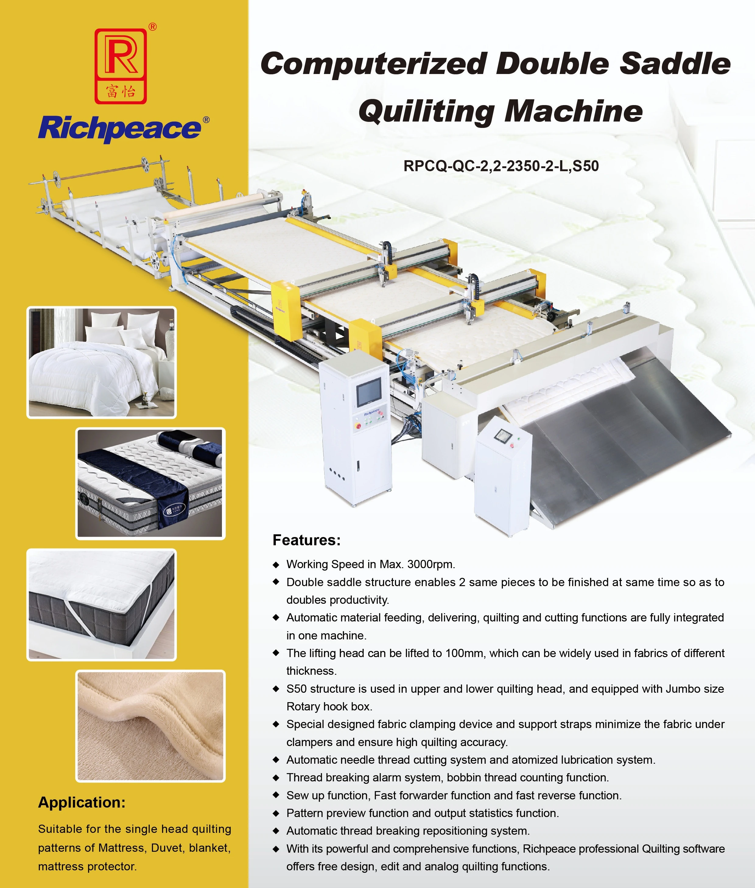 Richpeace automatic Single head  Quilting machine - double saddle ( Lifting Head )