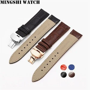 Rose Gold Butterfly Clasp Leather Watch Band 20mm 22mm  24mm Deployment Buckle Genuine Leather Watch Strap