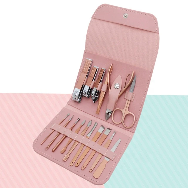 Rose Gold Professional Pedicure Manicure Set Stainless Steel 16 piece Nail Tool Kit 16Pcs Pink Nail Clippers Set PU Bag