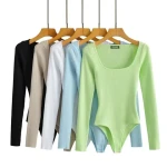 Sexy square collar long sleeve knitted jumpsuit women 2023 spring stretch slim solid color bodysuit bottom shirt