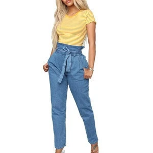 Spring Blue High Waist Belt Jeans Girls Women Sexy Ladies Denim Jeans Hot Sale High Quality long Pants
