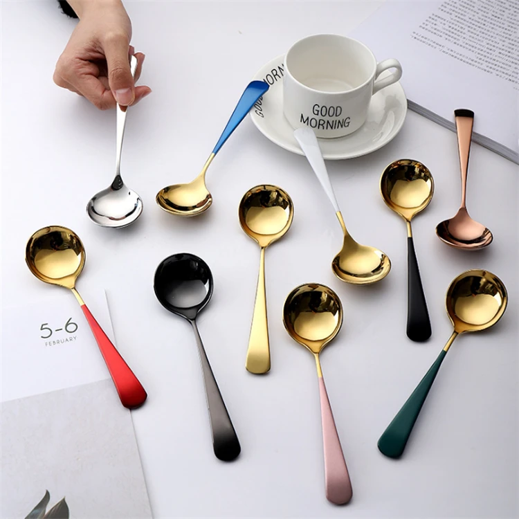 Table Serving Soup Spoon 304 Stainless Steel Eco-friendly Colored Round Spoon Kids Dessert Tea Coffee Dinner Spoon