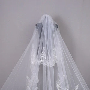 Two-layer White Chiffon Scalloped European And American Beaded Veils 2011 Tulle Fabric Long Bridal Veil Lace