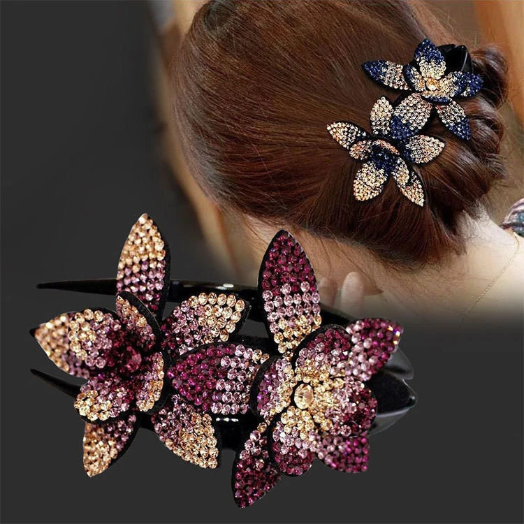 Vintage Crystal Handmade Double Flower Hair Clip Hair Accessories Lady Fashion Rhinestone Hairgrip Female Elegant Hair Pins