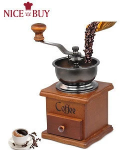 Vintage Style Hand Coffee Mill Burr Coffee Grinder with Ceramic Hand Crank Wooden Manual Coffee Grinder