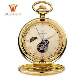 Wholesale Best Price OUYAWEI 3Atm Water Resistant Roman Number Stainless Steel Chain All Gold Skeleton Vintage Pocket Watch