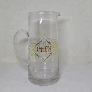 wholesale custom hand blown clear etched glass water pitcher with handle