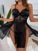 Wholesale Women Sexy Transparent Mesh Lace Bow Lingerie Pajama Set Ladies Deep V Temptation Sling Split Nightgown