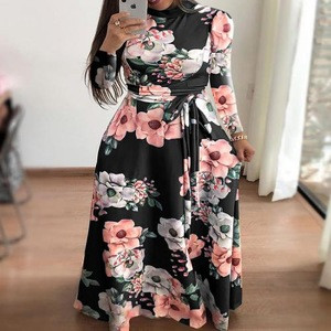women clothing dress Cotton Waist &amp; long style &amp; High Waist One-piece Dress with Knitted printed floral 241704