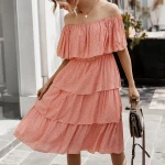 Women Cute Off The Shoulder Layered Summer Casual Polka Dot Print Cake Midi Dresses