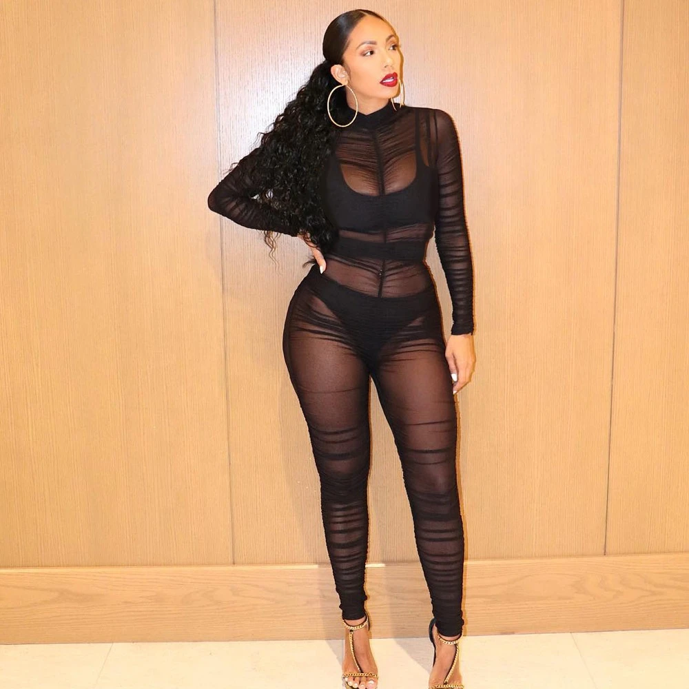 X01158M Sexy mesh perspective pleated long sleeve jumpsuit Night-club womens dress 2020 Hot sale Black suit