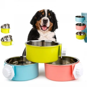 Hanging stainless steel dog bowl can fix the cage