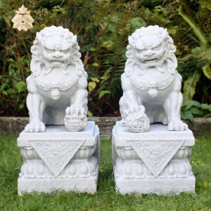 Classic Chinese style garden decor natural stone carving white marble foo dog statue sale